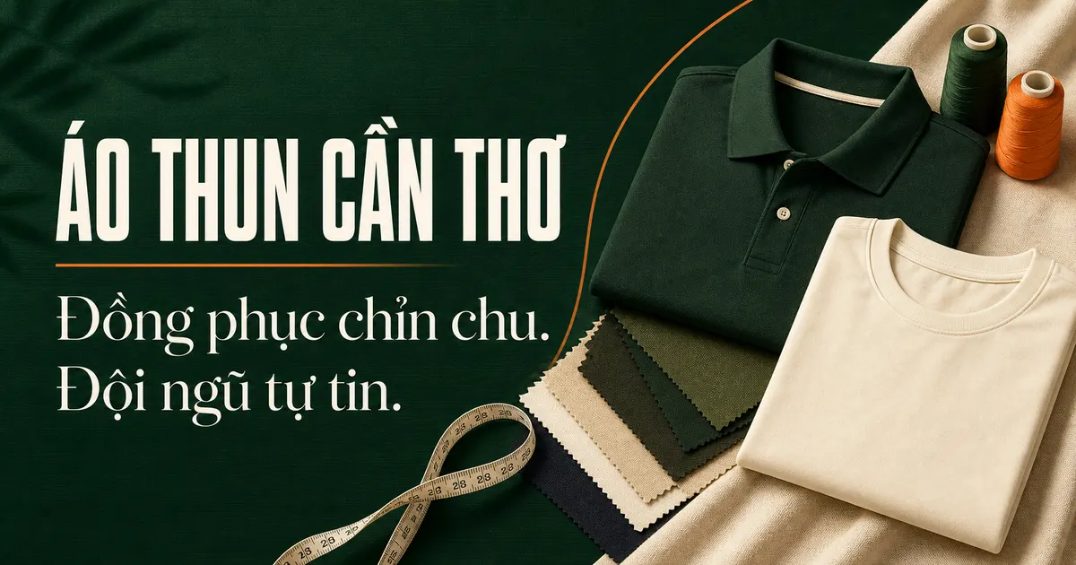 Áo thun đồng phục màu xanh đậm phối cổ, vải mẫu và thước dây tại Áo Thun Cần Thơ