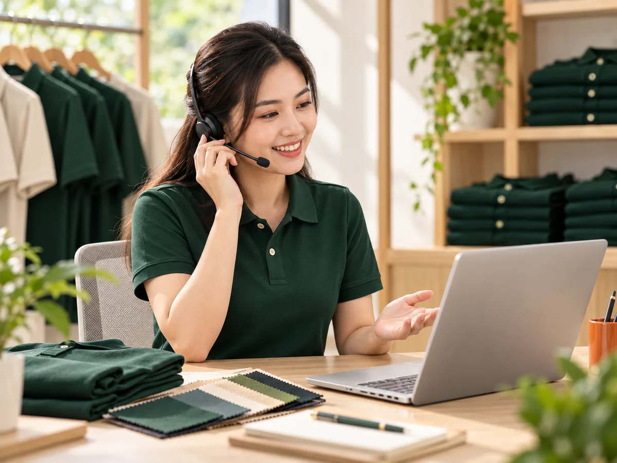 Nhân viên tư vấn đồng phục trao đổi nhu cầu và chất liệu với khách hàng