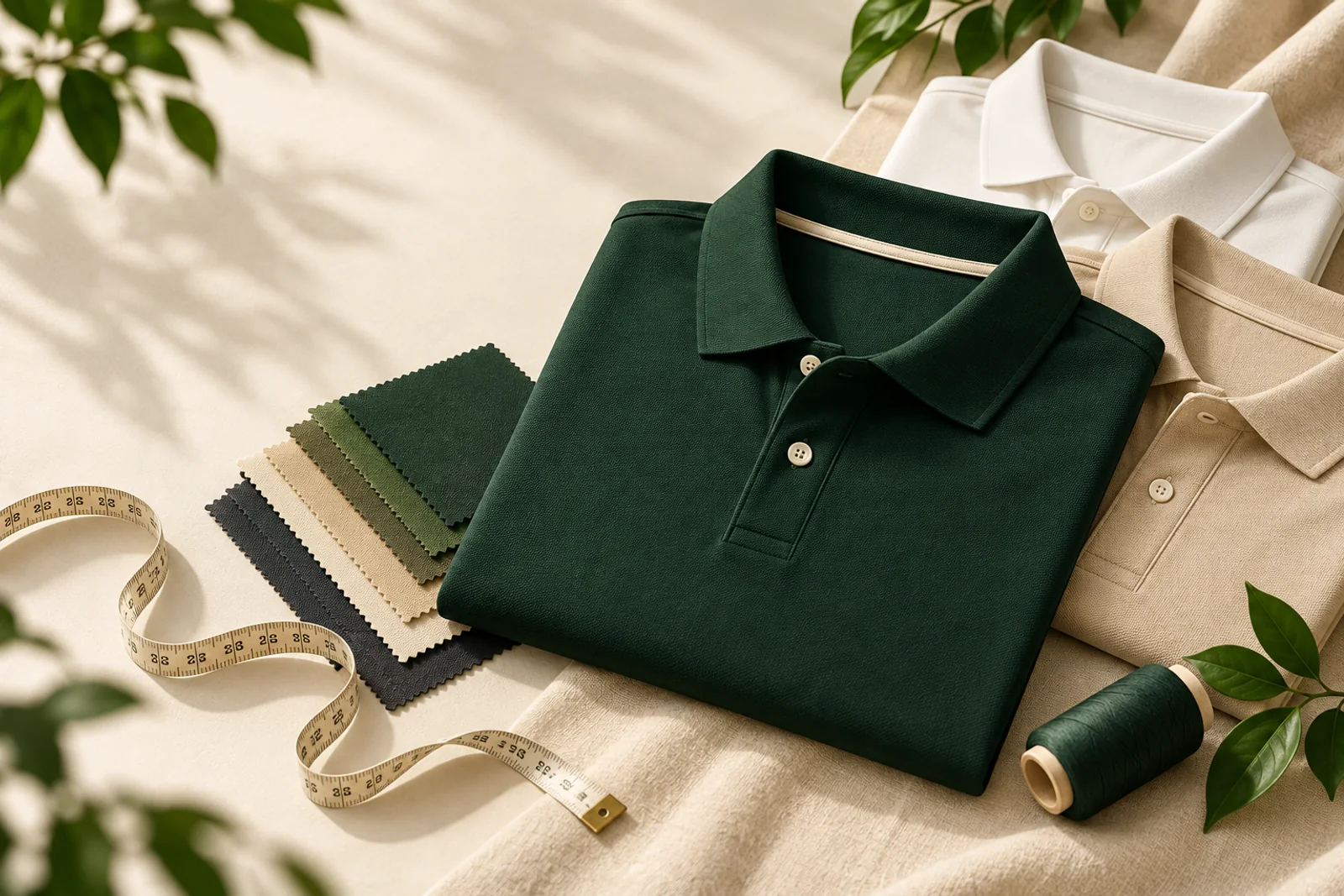 Áo polo đồng phục xanh đậm, áo trắng và be cùng bảng vải, thước dây và chỉ may