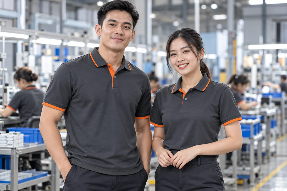 Ảnh minh họa áo polo công nhân trong xưởng sạch