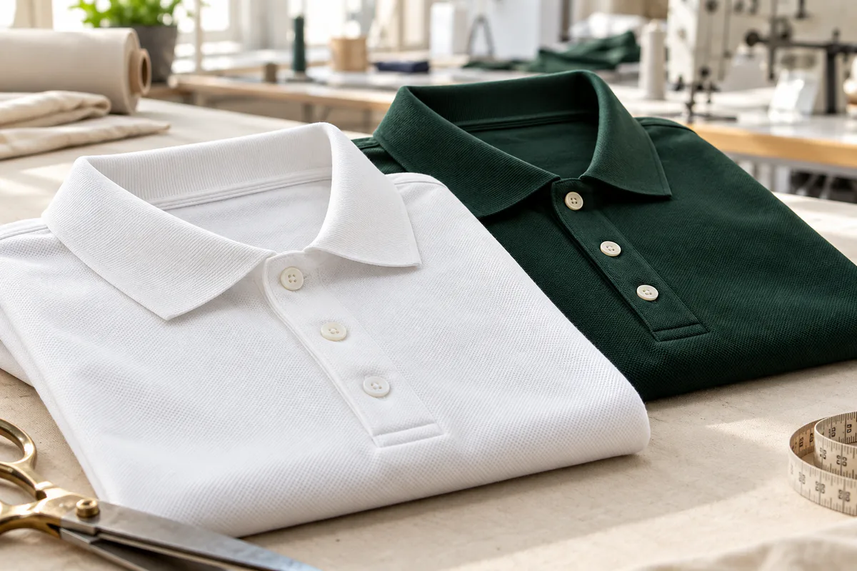 Ảnh minh họa áo polo trắng và xanh tại xưởng may
