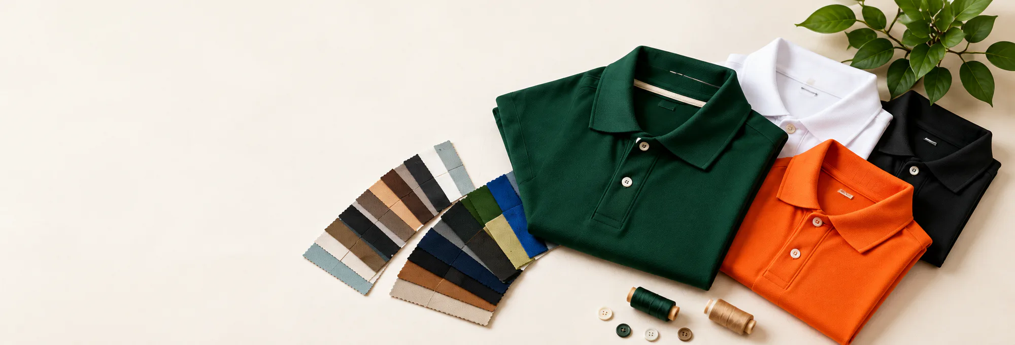 Ảnh minh họa áo polo xanh, trắng, cam cùng bảng màu vải