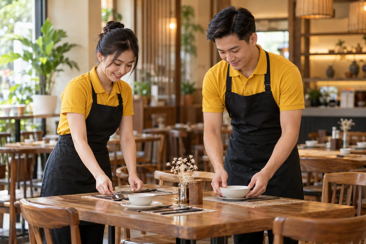 Ảnh minh họa nhân viên quán ăn mặc áo polo vàng và tạp dề đen