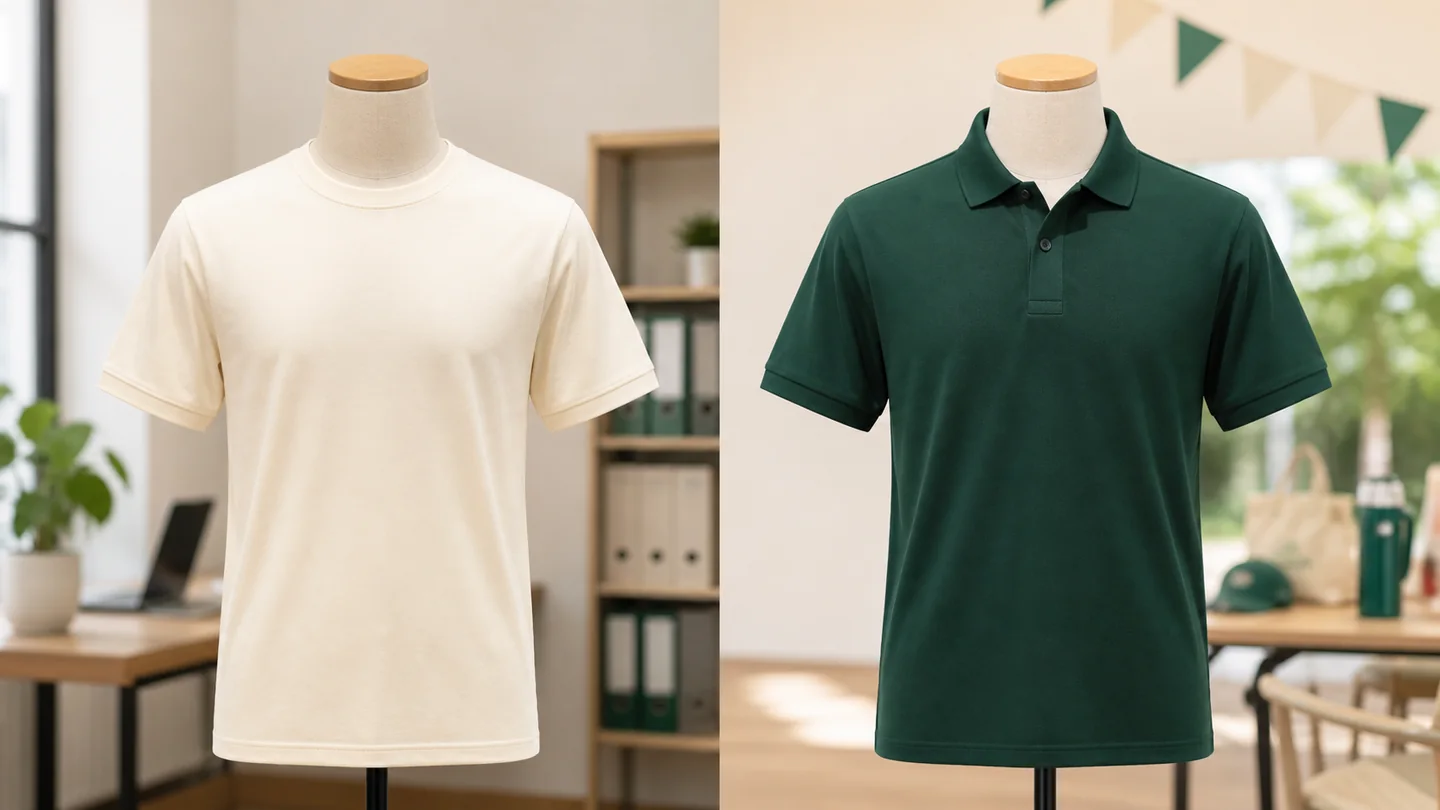 Áo cổ tròn và áo polo đặt cạnh nhau để so sánh
