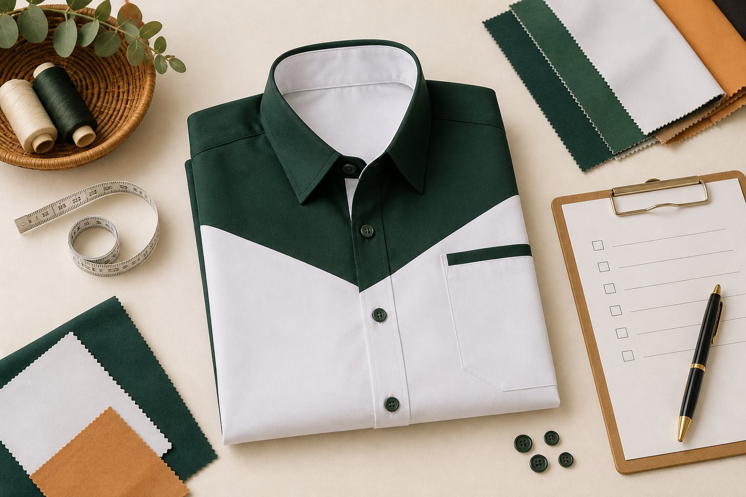 Áo sơ mi đồng phục cùng bảng kiểm, thước đo, nút và mẫu vải trước khi đặt may