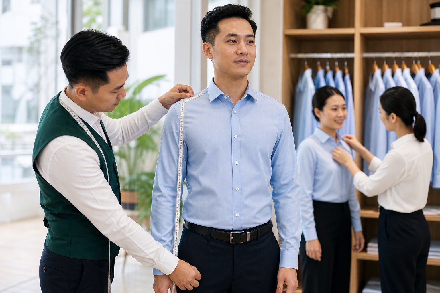 Nhân viên thử size áo sơ mi