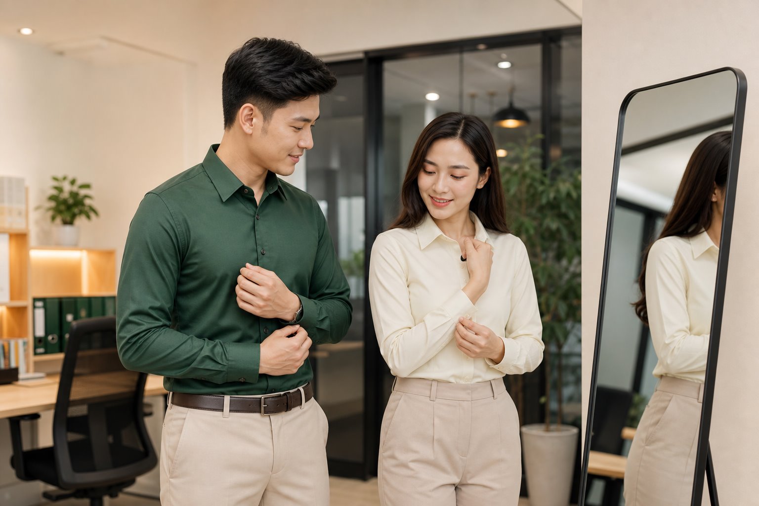 Nhân viên nam nữ thử các form áo sơ mi đồng phục trong văn phòng