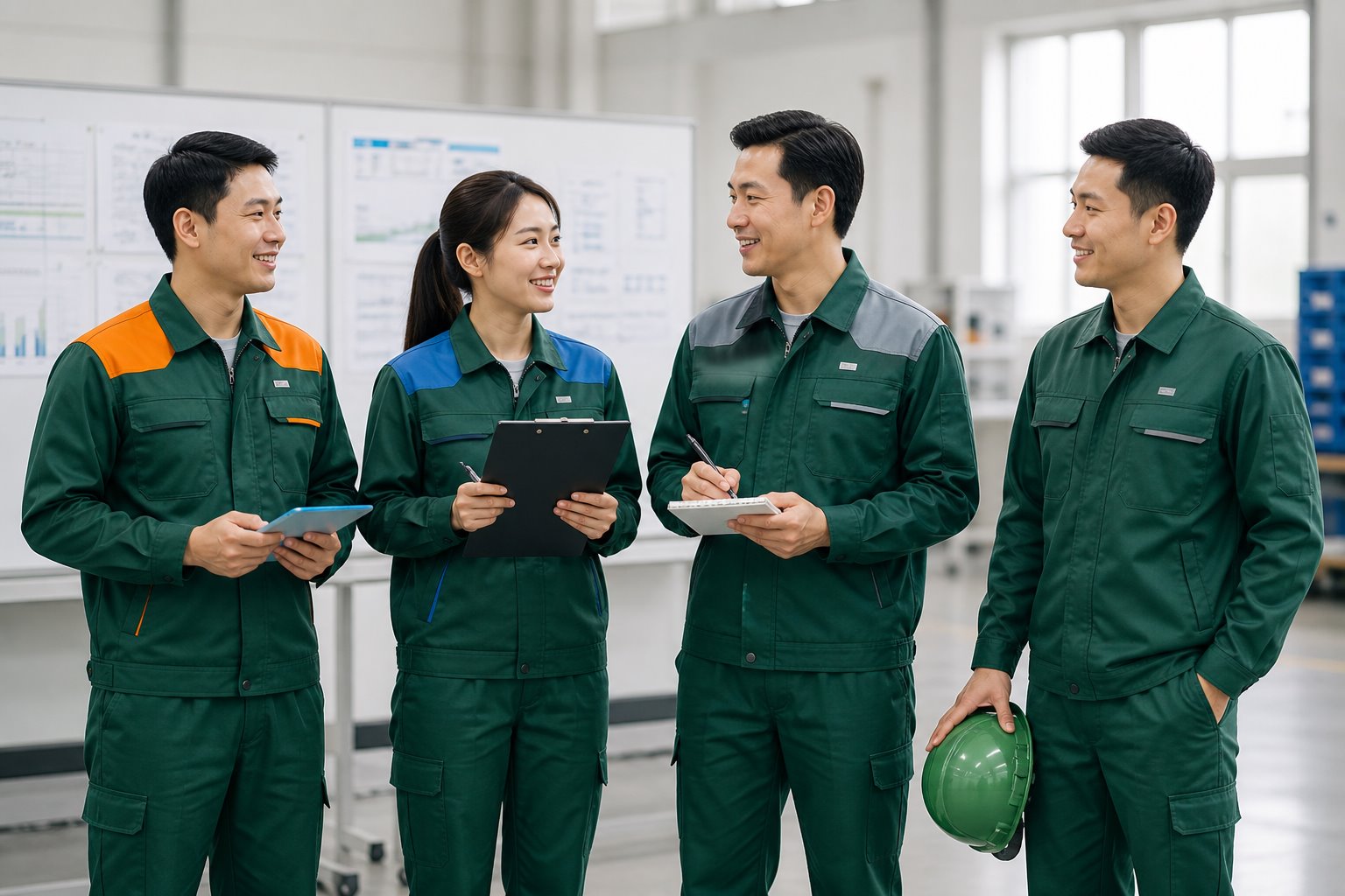 Các mẫu quần áo bảo hộ có màu phối và logo phân biệt bộ phận