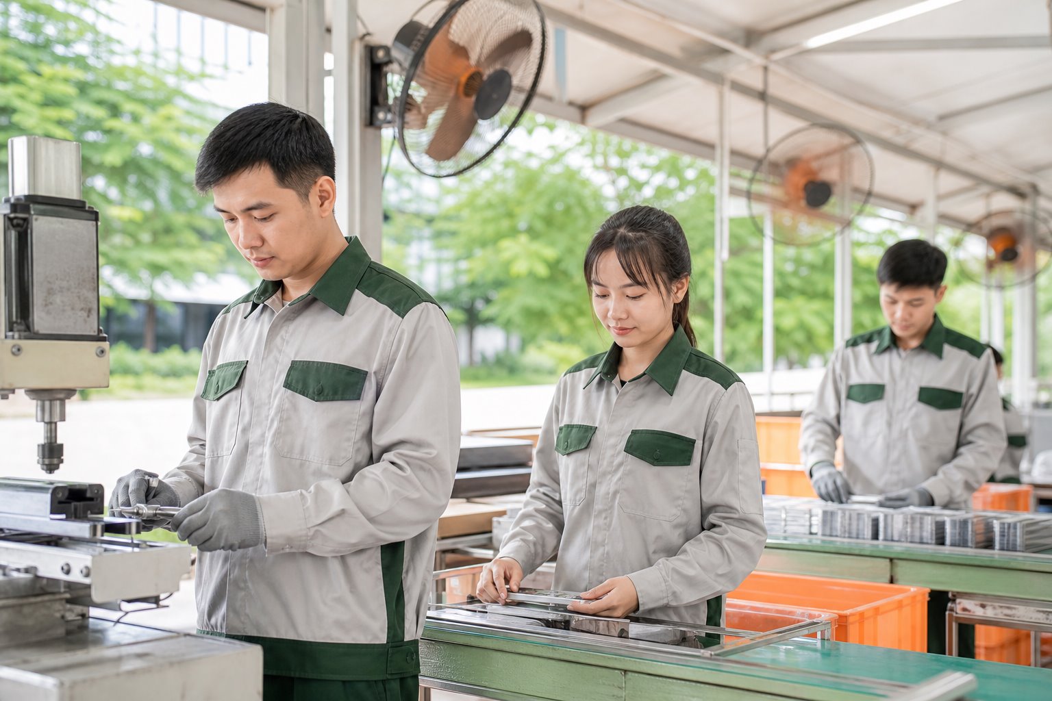 Công nhân vận động trong bộ quần áo bảo hộ
