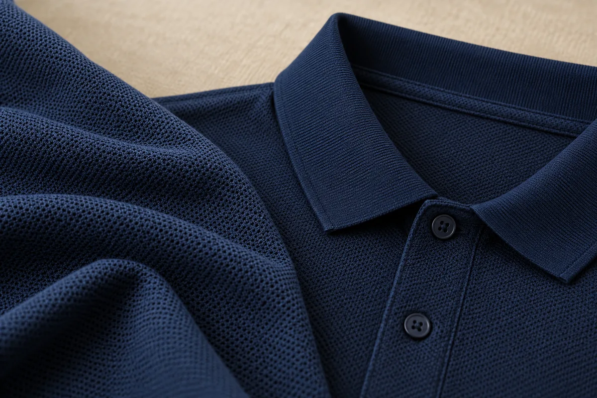 Minh họa bề mặt mắt dệt nhỏ màu xanh navy và cổ áo polo