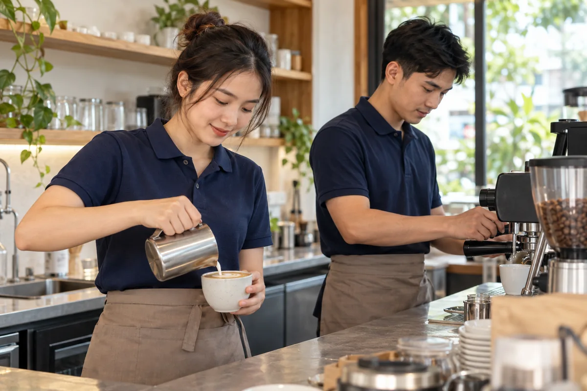 Nhân viên quán cà phê mặc áo polo navy và tạp dề màu be