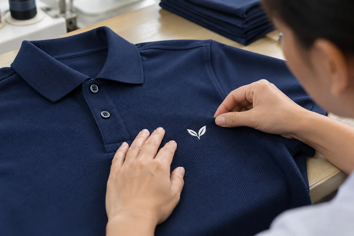 Kiểm tra chi tiết thêu hình lá trắng trên áo polo màu navy