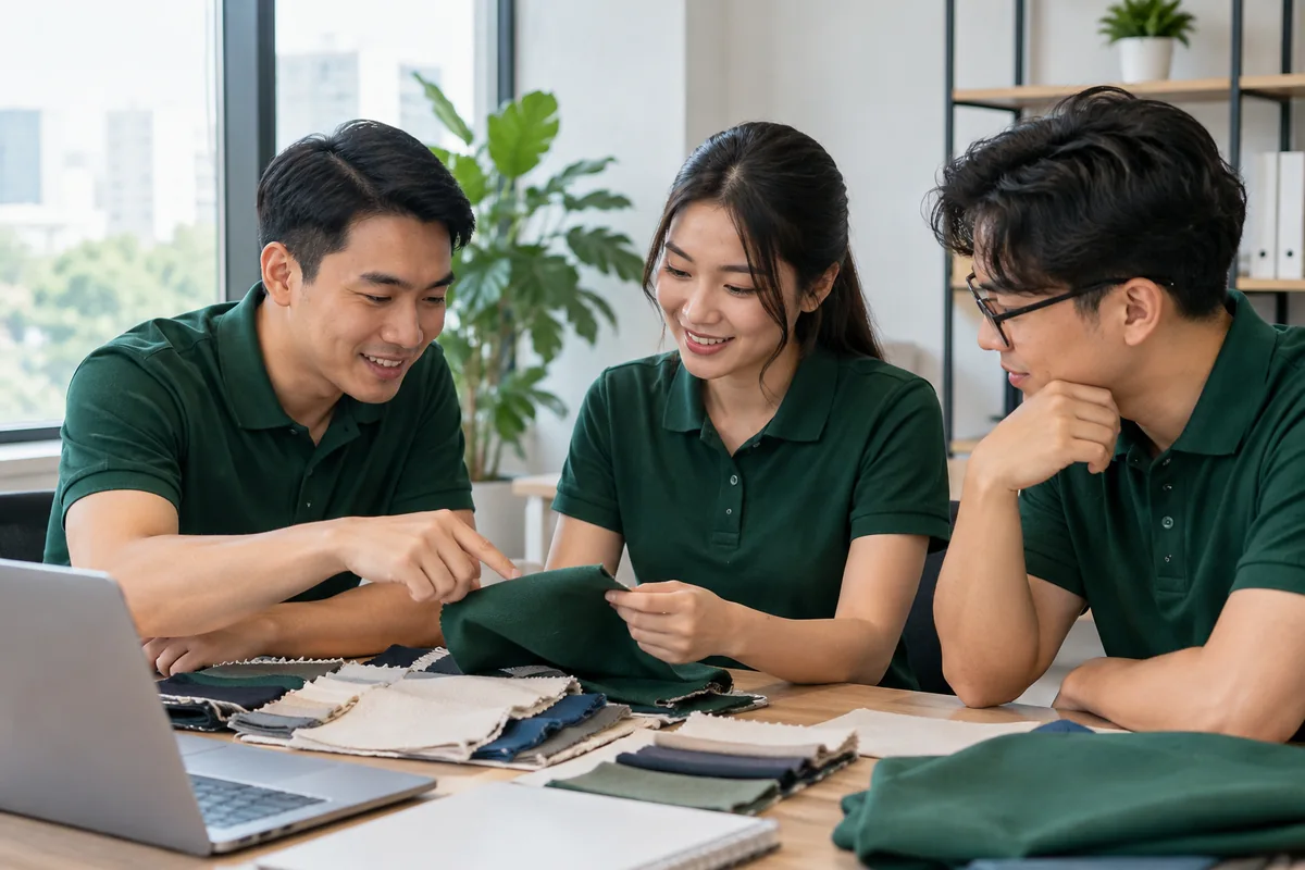 Nhân viên mặc áo polo xanh đậm trao đổi công việc trong văn phòng