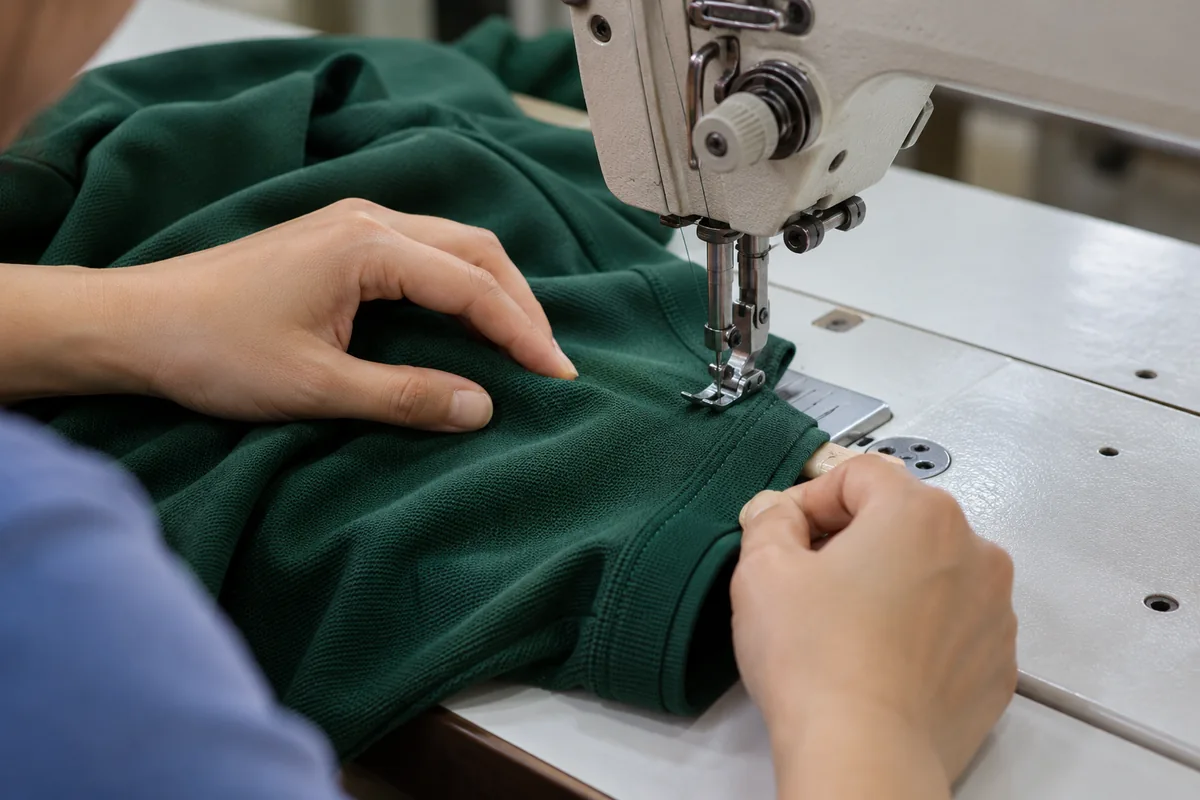 Thợ may ráp đường tay áo polo xanh trên máy may công nghiệp