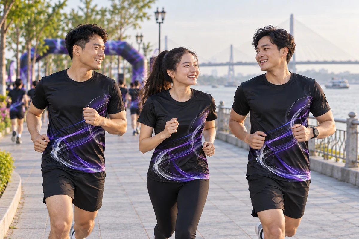 Ảnh AI minh họa áo thun sự kiện đen họa tiết tím bạc cho chạy bộ cộng đồng: hoạt động của đội sự kiện