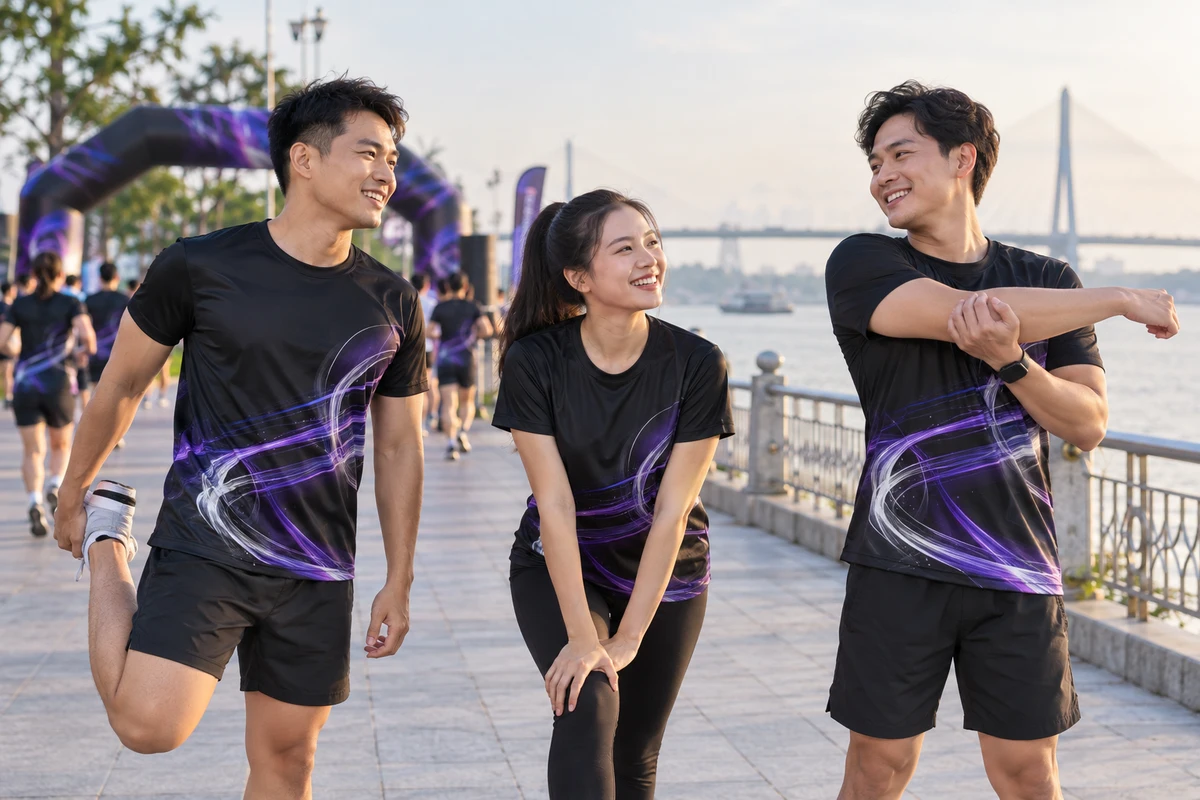 Ảnh AI minh họa áo thun sự kiện đen họa tiết tím bạc cho chạy bộ cộng đồng: người mặc và phối màu mặt trước