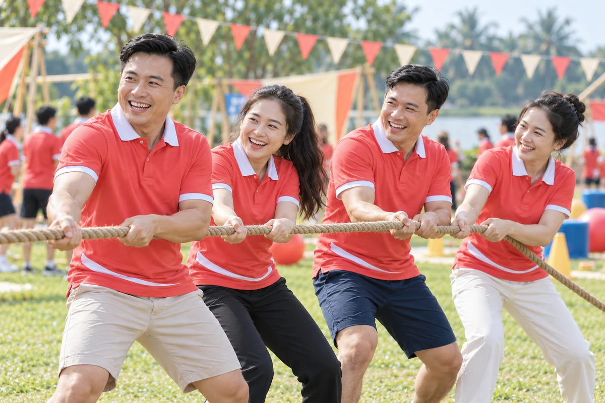 Ảnh AI minh họa áo polo sự kiện đỏ san hô cổ trắng cho ngày hội doanh nghiệp: hoạt động của đội sự kiện