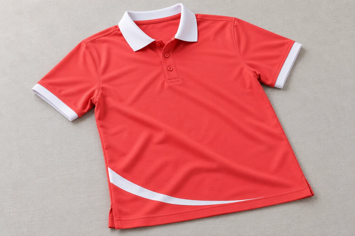 Ảnh AI minh họa áo polo sự kiện đỏ san hô cổ trắng cho ngày hội doanh nghiệp: thiết kế mặt trước chụp riêng
