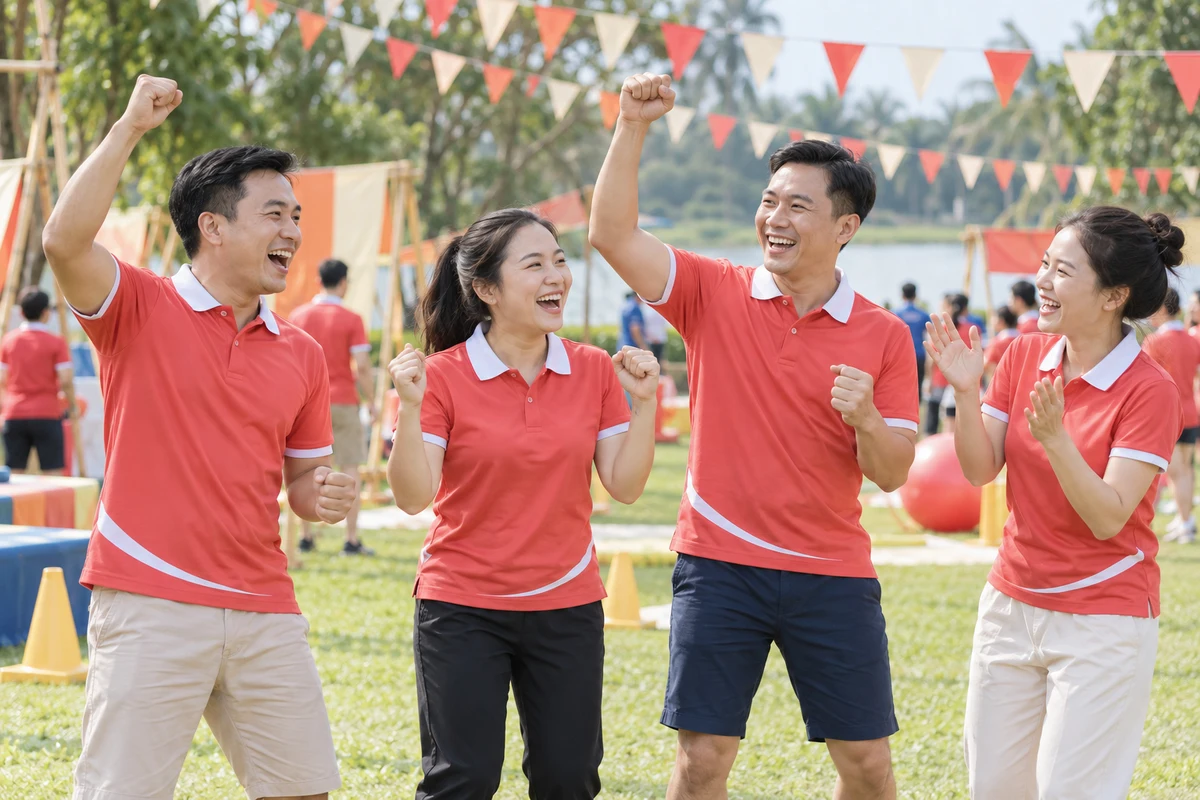 Ảnh AI minh họa áo polo sự kiện đỏ san hô cổ trắng cho ngày hội doanh nghiệp: người mặc và phối màu mặt trước