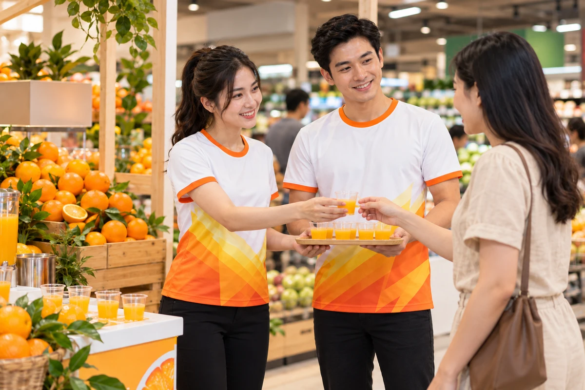 Ảnh AI minh họa áo thun sự kiện cam vàng chuyển sắc cho tiếp thị siêu thị: hoạt động của đội sự kiện