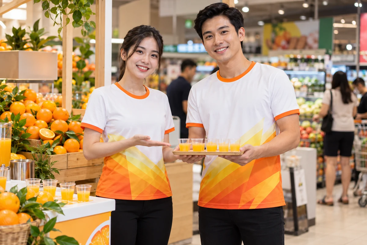 Ảnh AI minh họa áo thun sự kiện cam vàng chuyển sắc cho tiếp thị siêu thị: người mặc và phối màu mặt trước