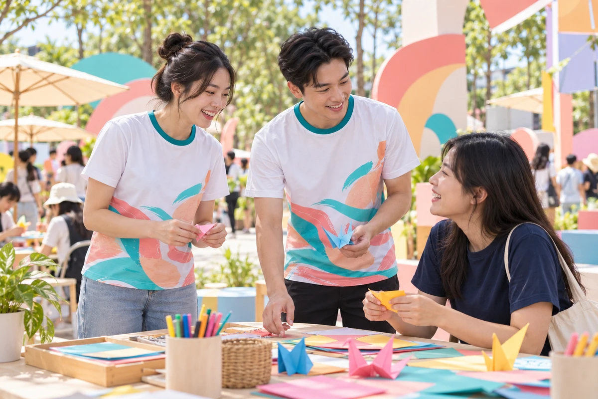 Ảnh AI minh họa áo thun sự kiện trắng họa tiết pastel cho lễ hội sáng tạo: hoạt động của đội sự kiện