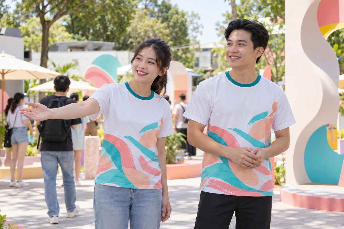 Ảnh AI minh họa áo thun sự kiện trắng họa tiết pastel cho lễ hội sáng tạo: người mặc và phối màu mặt trước