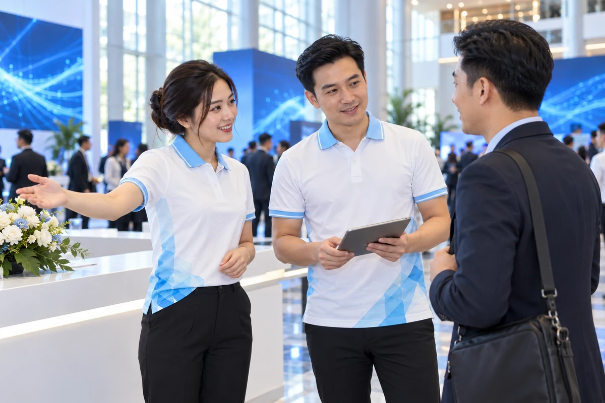 Ảnh AI minh họa áo polo sự kiện trắng họa tiết xanh băng cho hội nghị công nghệ: hoạt động của đội sự kiện