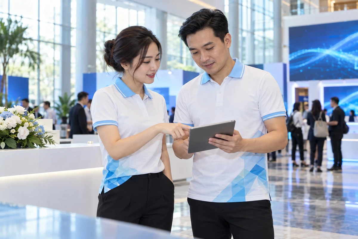 Ảnh AI minh họa áo polo sự kiện trắng họa tiết xanh băng cho hội nghị công nghệ: người mặc và phối màu mặt trước