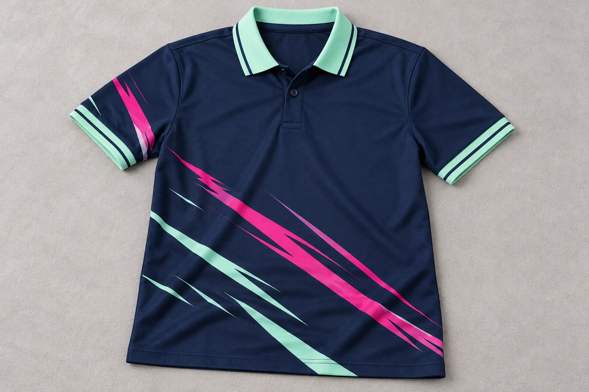 Ảnh AI minh họa áo polo navy họa tiết hồng mint cho du lịch doanh nghiệp: thiết kế mặt trước chụp riêng