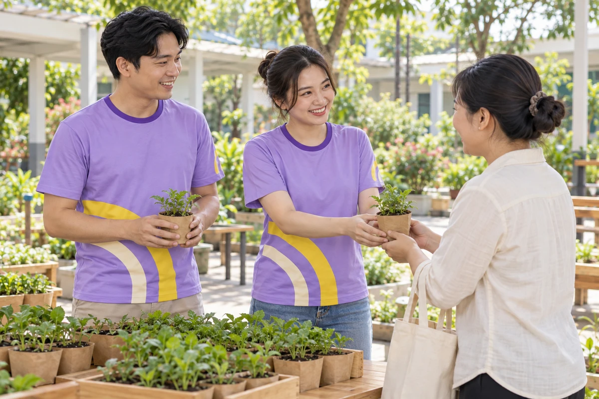 Ảnh AI minh họa áo thun sự kiện tím lavender vệt vàng cho ngày hội thiện nguyện: hoạt động của đội sự kiện