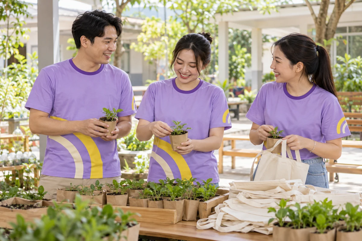 Ảnh AI minh họa áo thun sự kiện tím lavender vệt vàng cho ngày hội thiện nguyện: người mặc và phối màu mặt trước