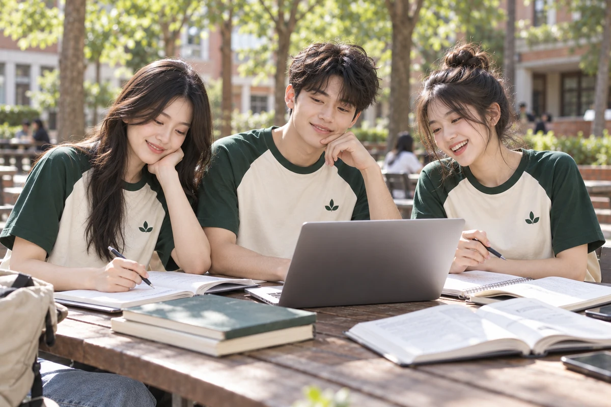 Ảnh AI minh họa áo lớp raglan kem phối xanh rừng dáng rộng: bối cảnh sử dụng cùng nhóm