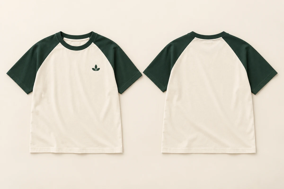 Ảnh AI minh họa áo lớp raglan kem phối xanh rừng dáng rộng: thiết kế mặt trước và mặt sau