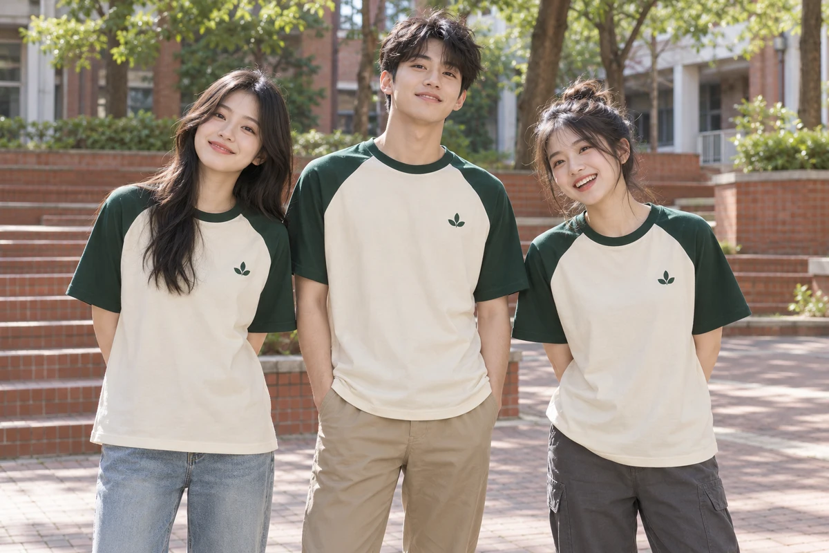 Ảnh AI minh họa áo lớp raglan kem phối xanh rừng dáng rộng: người mặc và phối màu mặt trước