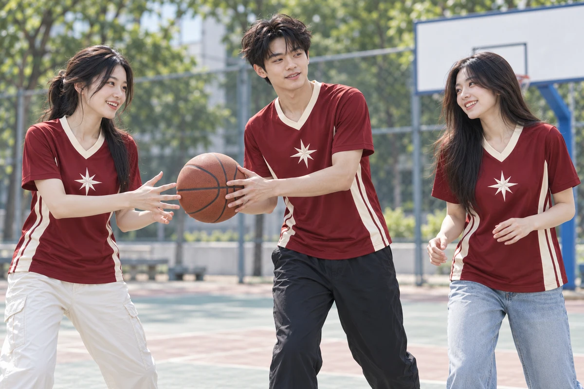Ảnh AI minh họa áo lớp jersey cổ v đỏ rượu phối kem: bối cảnh sử dụng cùng nhóm
