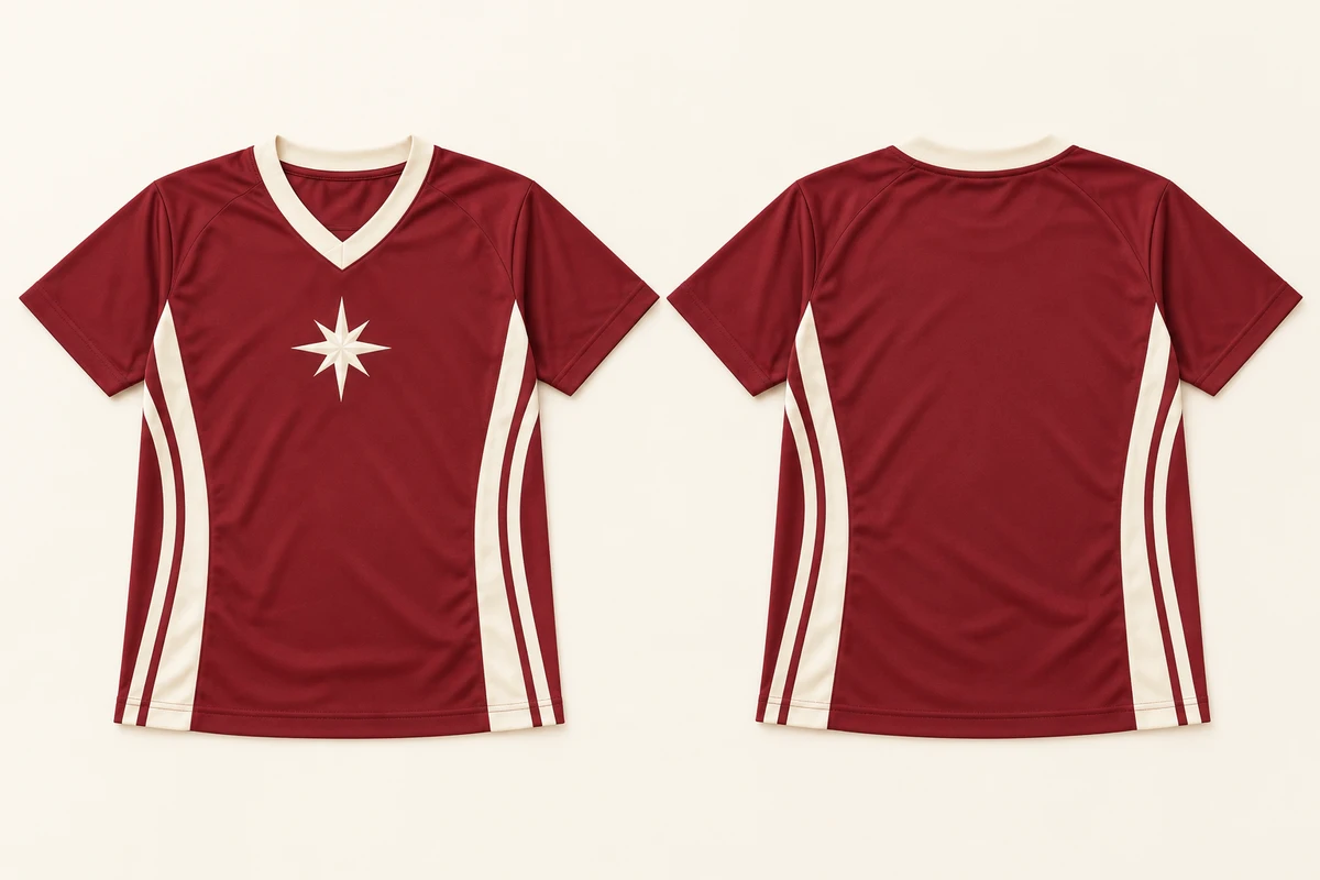Ảnh AI minh họa áo lớp jersey cổ v đỏ rượu phối kem: thiết kế mặt trước và mặt sau