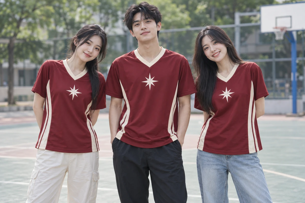 Ảnh AI minh họa áo lớp jersey cổ v đỏ rượu phối kem: người mặc và phối màu mặt trước