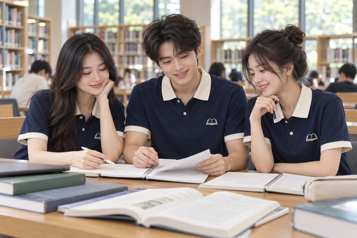 Ảnh AI minh họa áo polo lớp xanh than cổ kem phong cách học đường: bối cảnh sử dụng cùng nhóm