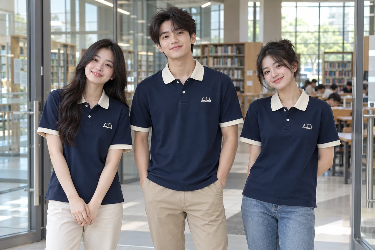Ảnh AI minh họa áo polo lớp xanh than cổ kem phong cách học đường: người mặc và phối màu mặt trước