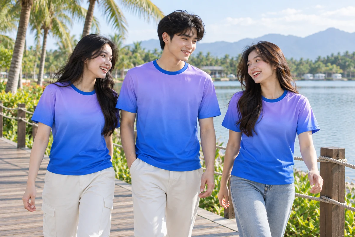 Ảnh AI minh họa áo nhóm chuyển màu tím lilac sang xanh biển: bối cảnh sử dụng cùng nhóm