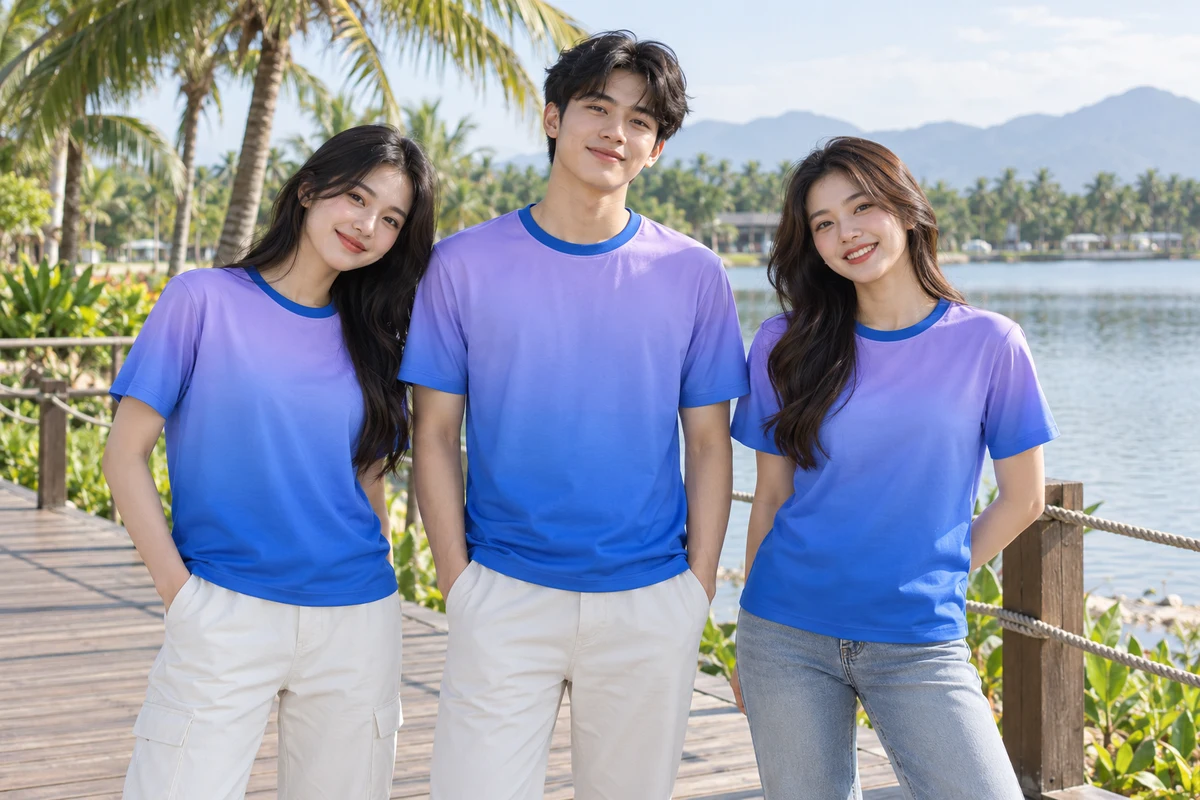 Ảnh AI minh họa áo nhóm chuyển màu tím lilac sang xanh biển: người mặc và phối màu mặt trước