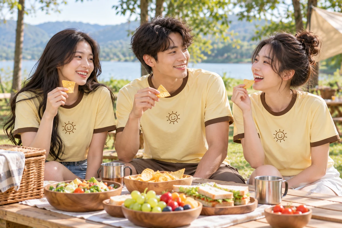 Ảnh AI minh họa áo nhóm ringer vàng bơ viền nâu cacao: bối cảnh sử dụng cùng nhóm