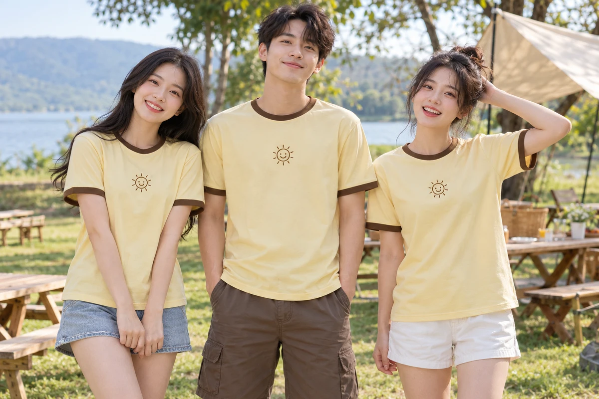 Ảnh AI minh họa áo nhóm ringer vàng bơ viền nâu cacao: người mặc và phối màu mặt trước