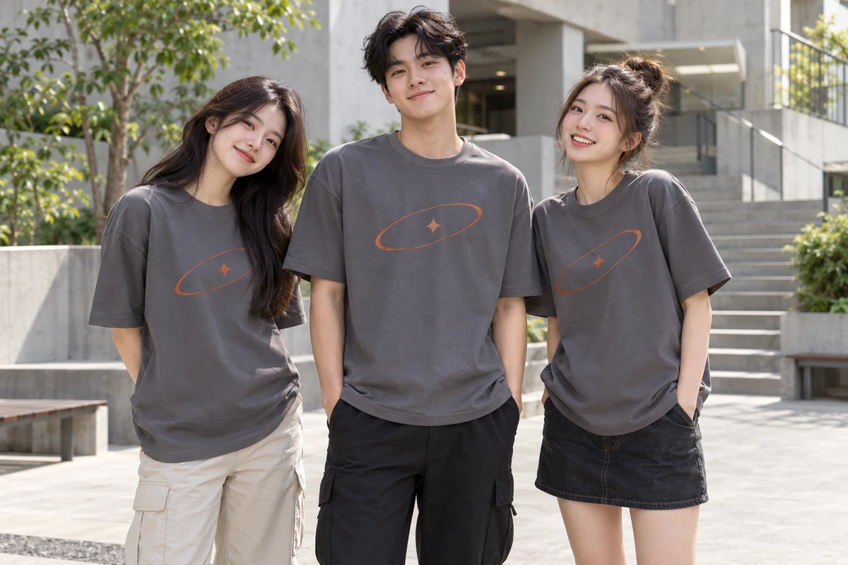 Ảnh AI minh họa áo lớp boxy xám khói họa tiết quỹ đạo cam: người mặc và phối màu mặt trước