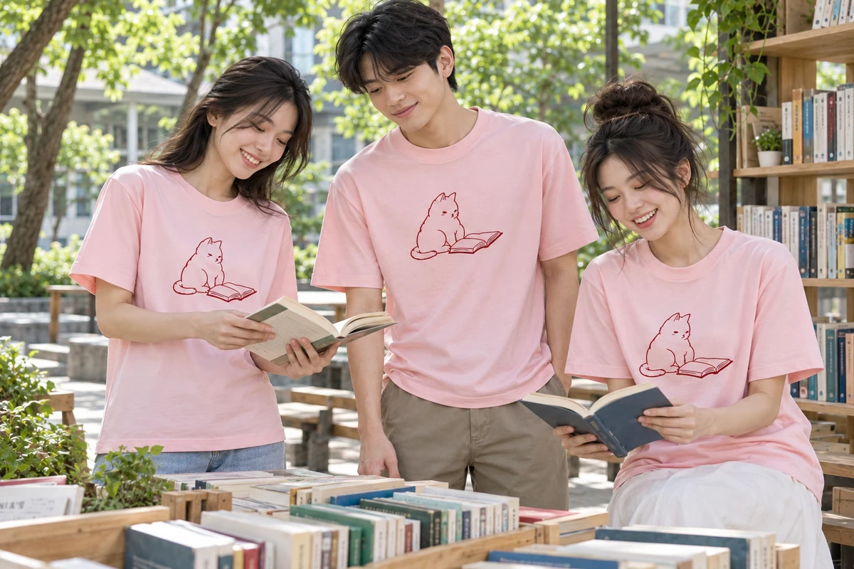 Ảnh AI minh họa áo lớp hồng phấn hình nét mèo và trang sách: bối cảnh sử dụng cùng nhóm