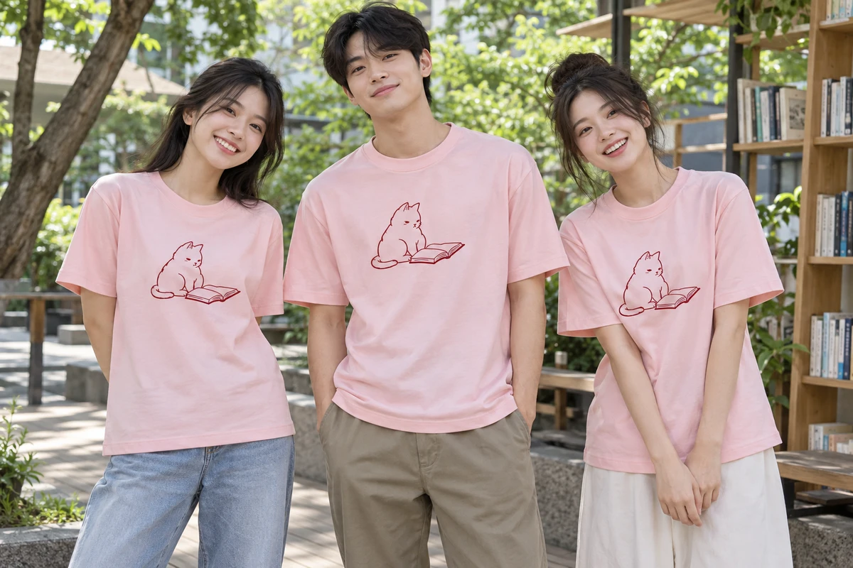 Ảnh AI minh họa áo lớp hồng phấn hình nét mèo và trang sách: người mặc và phối màu mặt trước