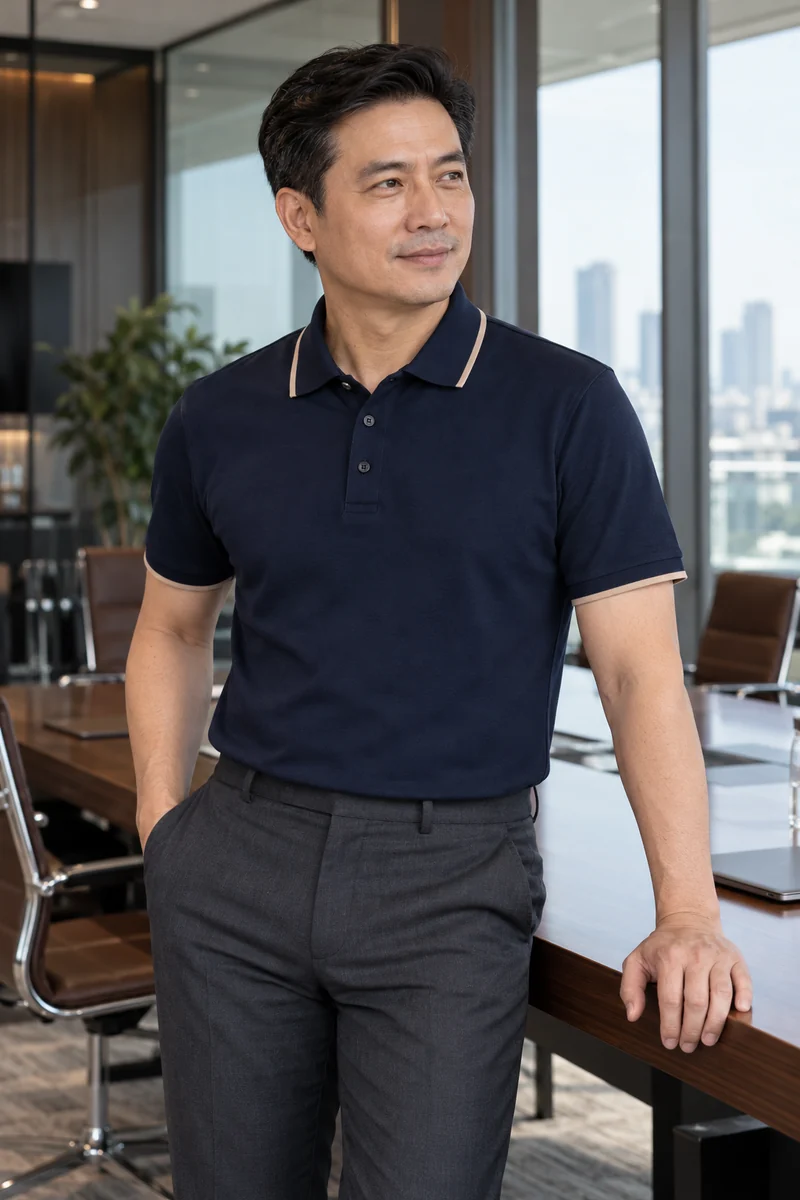 Nam lãnh đạo mặc polo navy viền cổ màu cát trong phòng họp sang trọng