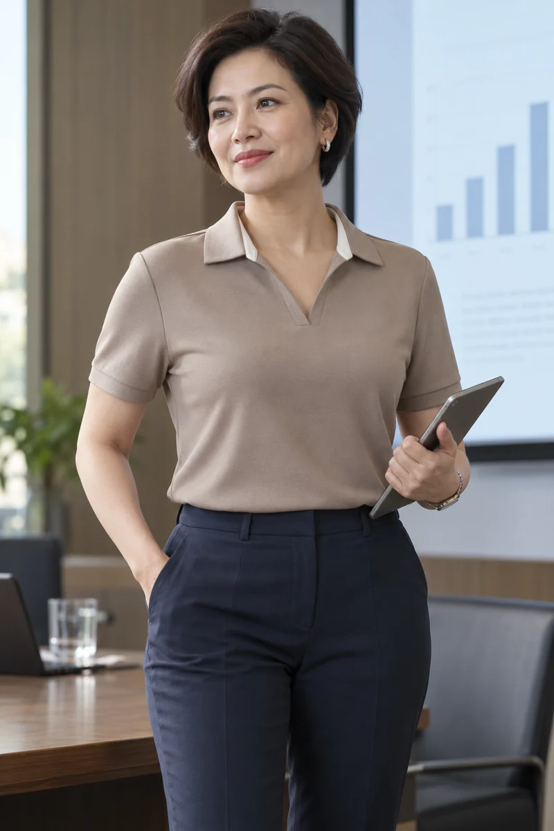 Nữ quản lý mặc polo taupe cổ mở trong phòng hội nghị sang trọng