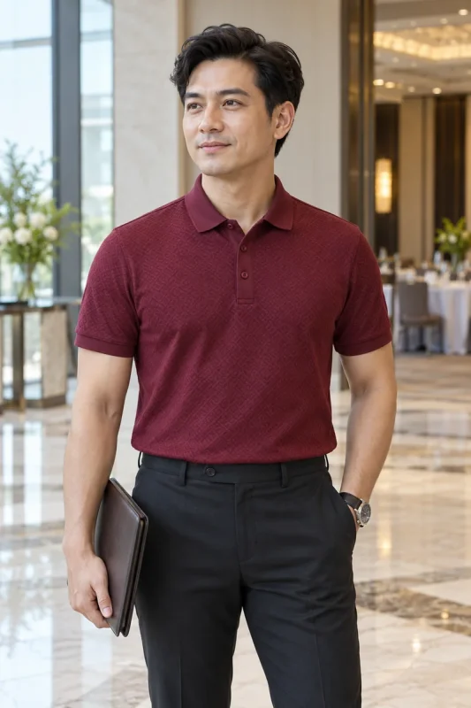 Nam quản lý mặc polo jacquard đỏ rượu tại sảnh hội nghị